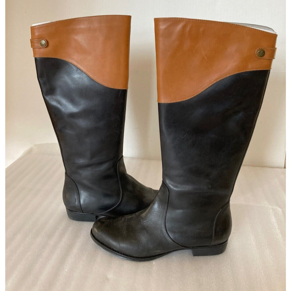 Isaac Mizrahi IMBETH Tall Riding Boots Black Cognac Size 8.5M Leather Duo Tone - Picture 3 of 9